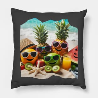 A collection of fruits sunbathing on the beach wearing sunglasses and hats Pillow