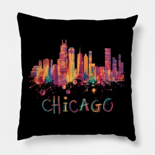 Chicago Skyline Cityscape Watercolor Chicago Flag Illinois Pillow