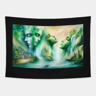 Faces as rocks and mountains, harbor and city at the waterfall and lake Tapestry