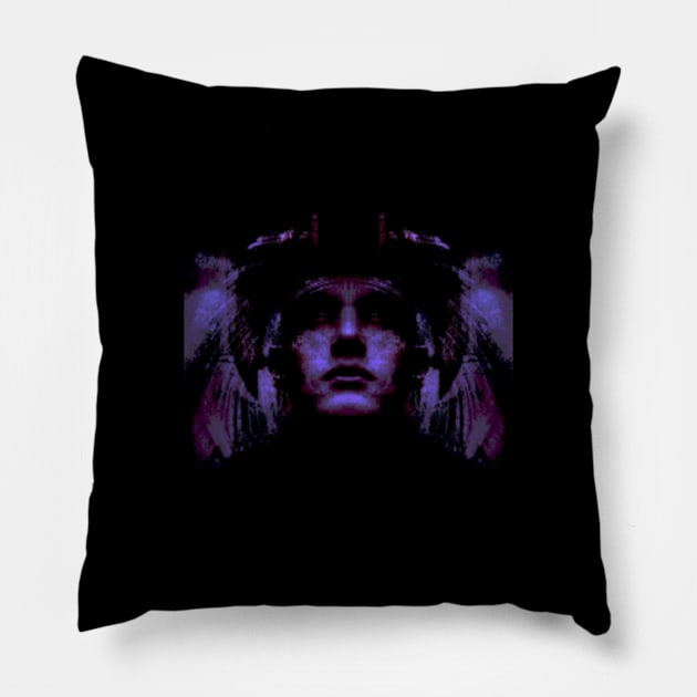 Portrait, digital collage, special processing. Dark, strong. Guy face looking up high. Fantasy. Violet, some textures. Pillow by 234TeeUser234