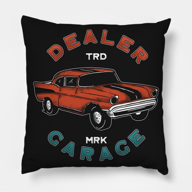 Car Dealer Garage Vintage Illustration Pillow by Merchsides