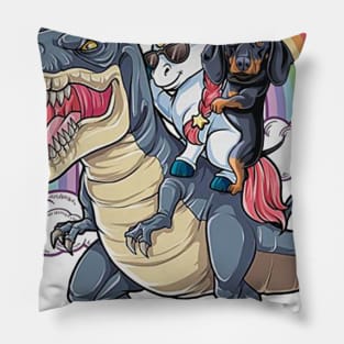 Dachshund And Unicorn Ride T-rex Funny T-shirt For Lover Pillow