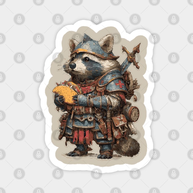 Funny Raccoon Knight with Taco T-Shirt Magnet by TuncGK
