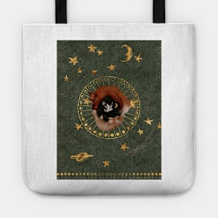Circle of Life Watercolor : Gold Foils Stars in a Goblincore green sky with a Gemini constellation A rabbit and a fox circle around a barn owl Tote
