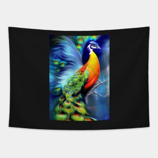 BLUE BACKGROUND STUNNING AND BEAUTIFUL PEACOCK Tapestry