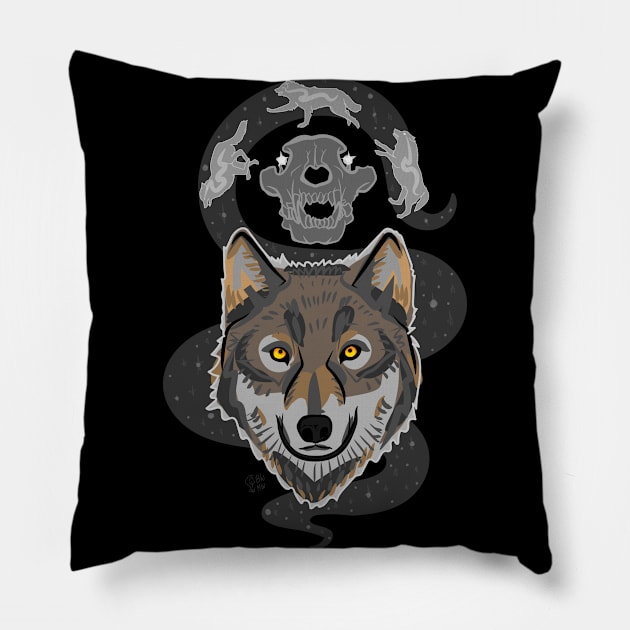 Wolf with Skull and Stars "The Ancestors Are Running" Pillow by Boreal-Witch