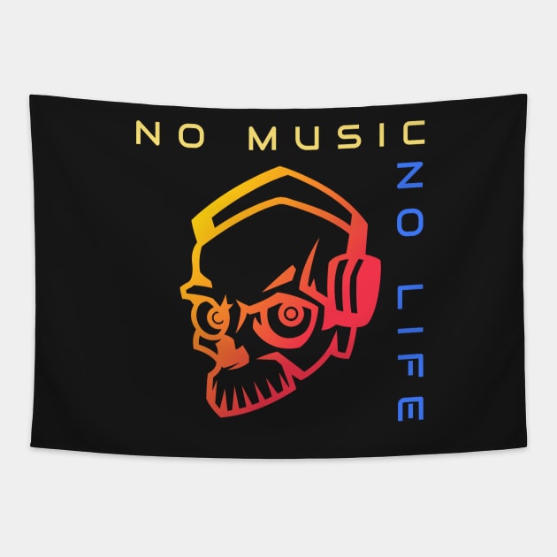 No Music No Life - Headphone Skull - Cool Music Quote Tapestry by WIZECROW