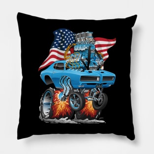 Patriotic Sixties American Muscle Car with USA Flag Cartoon Pillow