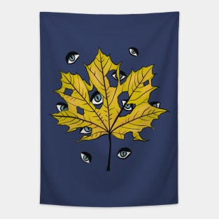 Yellow Leaf Witchy Creepy Eyes Pattern Tapestry