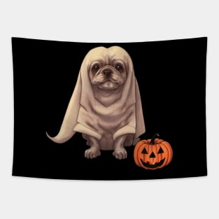 Spooky Halloween Ghost Puppy Fluffy French Bulldog Puppy with Pumpkin Tapestry