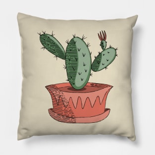 Green Cactus Succulent in Orange Pot Hand Drawn Line Art Pillow