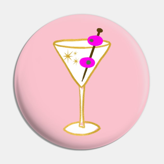 Glam Retro Faux Gold Martini Cocktail Drink Glass With two Pink Olives Illustration Pin by LittleForest