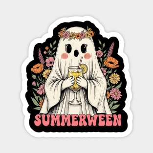 Cute Summerween Ghost | Retro Spooky Beach Vibes | Floral Halloween Aesthetic , Ghost With Drink, Vintage Boo, Summer Ghost Magnet