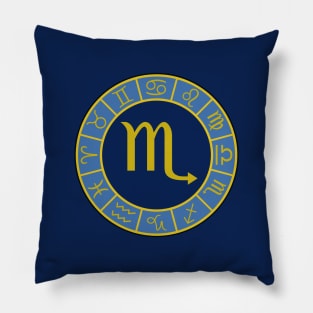 Scorpio Zodiac Wheel Astro Symbols Gold+Blues Pillow