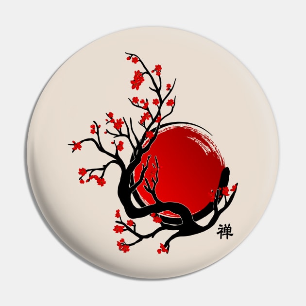 Zen Enso Circle, Sun and Red Sakura Blossom Pin by Nartissima