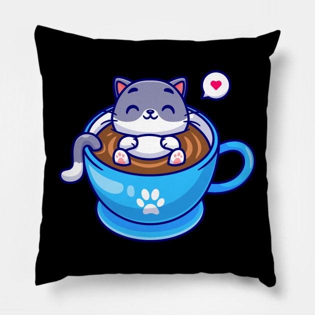 Cute Cat Sleeping In Coffee Cup Cartoon Pillow by Catalyst Labs