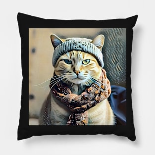 Cute Cat Wearing Hat And Scarf Pillow