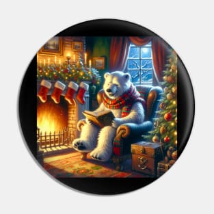 Winter Tales - Merry Cozy Polar Bear Reading by the Fireplace Pin