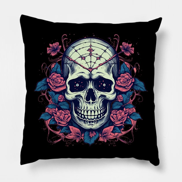 Dark Skull With Spider Webs and Flowers Pillow by TOKEBI