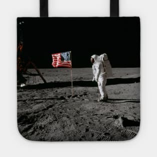 Astronaut and US Flag on Lunar Surface Apollo Moon Landing Tote