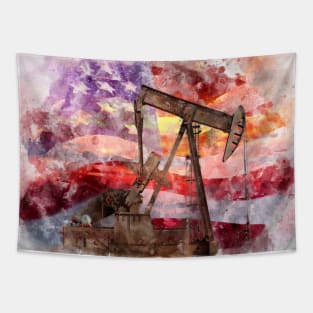 Pumpjack with American Flag silhouette watercolor Tapestry