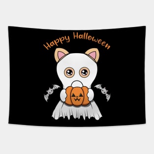 Happy Halloween Cute ghost Cat, Kawaii black cat with pumpkin Tapestry