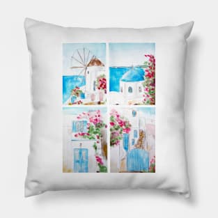 Collage of Greece watercolor painting Pillow