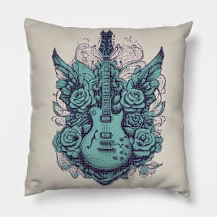 Electric guitar & roses pixel art blue Pillow