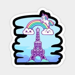 Magical Monochrome: Kawaii Unicorn and Rainbow Eiffel Tower Magnet