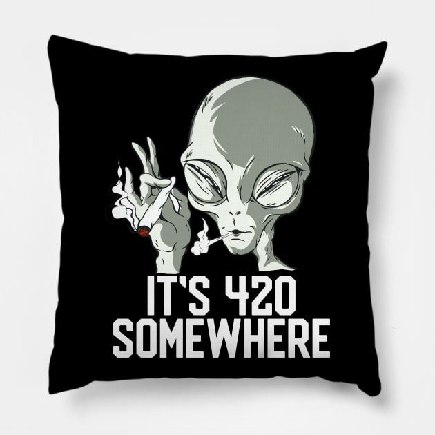 It's 420 Somewhere Alien Smoking Cannabis Pillow by UNDERGROUNDROOTS