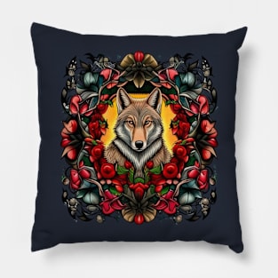 North Dakota Coyote Surrounded By Prairie Rose Tattoo Art Pillow