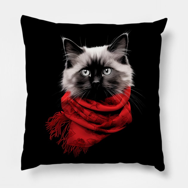 Birman Kitty Wearing a Red Scarf Pillow by Quotee