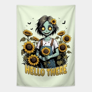 Hello There - Cute Zombie in Sunflowers Tapestry