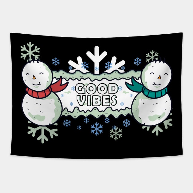 Good Vibes - Winter Snowman & Snowflakes Tapestry by displace_design