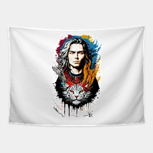 colorful graphic illustration man and angry tiger cats Tapestry