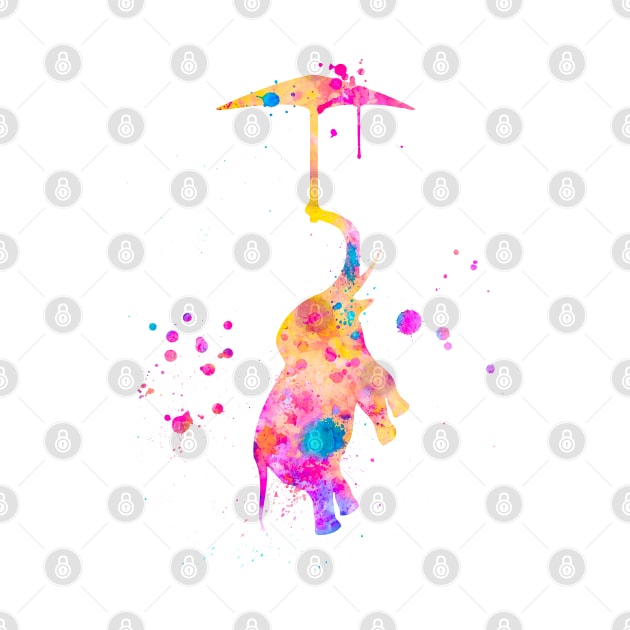 Colorful Pink Baby Elephant With Umbrella Watercolor Painting by Miao Miao Design