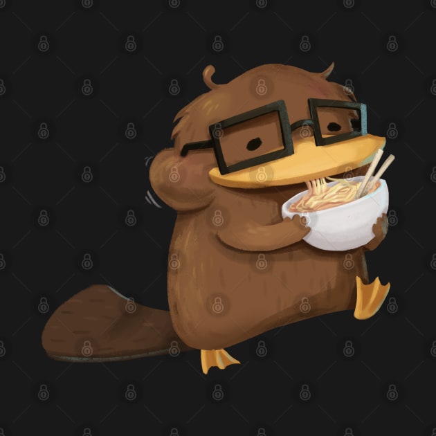 Nerdy Platypus Eating Ramen Noodles by PamelooArt