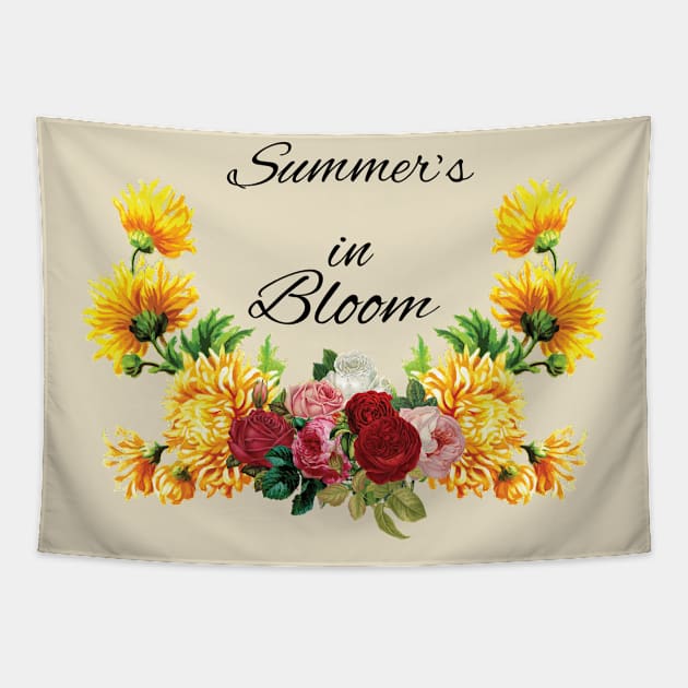 Summer's in Bloom, Red, Pink Roses with Yellow Flowers Tapestry by tribbledesign