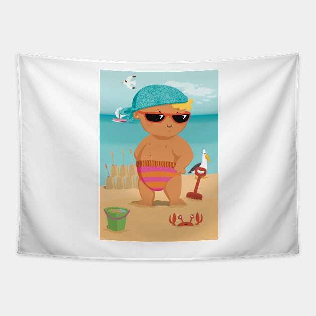 Vacation mood on - the toddler King of the beach enjoying the holiday Tapestry by marina63