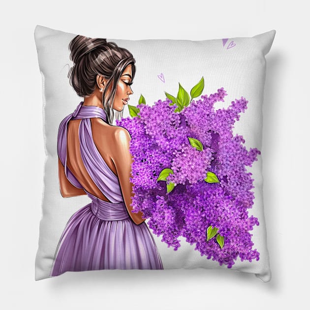 Brunette Lilac Flowers Pillow by AllessyArt 