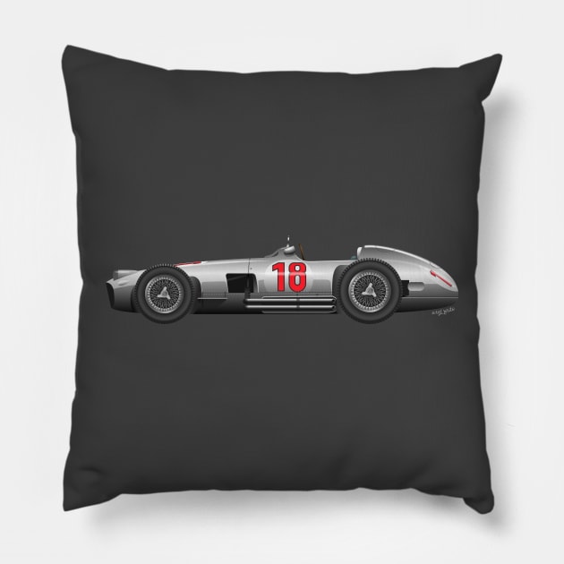 Juan Manuel Fangio Mercedes Benz W196 - Illustration Pillow by Burro Wheel