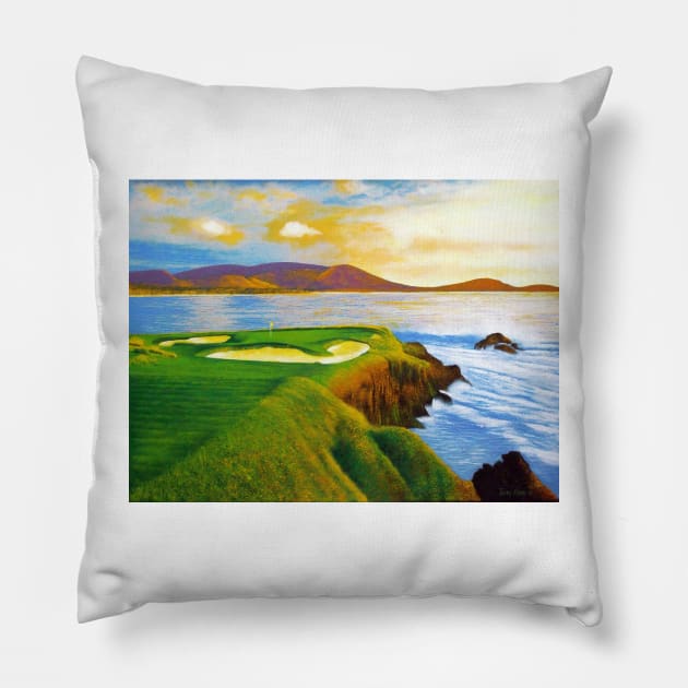 Beautiful acrylic on canvas of the 7th hole at Pebble Beach Pillow by terryhuey