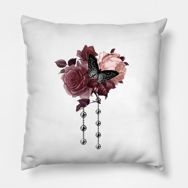 Burgundy and blush roses with silver pearls Pillow by allthumbs