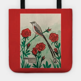 Oklahoma state bird and flower, the scissor-tailed flycatcher and rose Tote