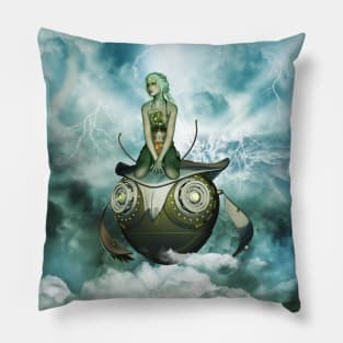 Steampunk women fly with a mechanical owl Pillow