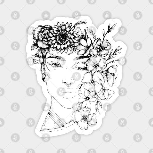 Pretty black and white ink floral girl tattoo art Magnet by MiaArt365