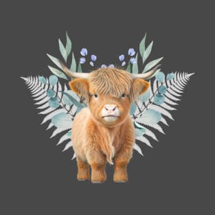 Adorable baby Scottish mountain Cow - beautiful flowers and leaves T-Shirt