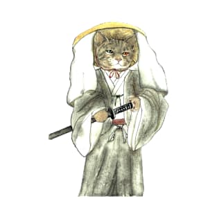 Samurai Cat with One Green Eye and One Yellow Eye T-Shirt