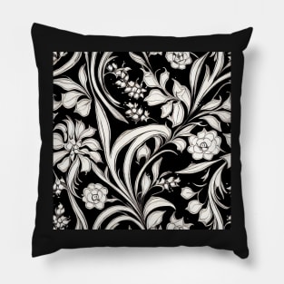Black and White Vintage Floral Cottagecore Gothic Romantic Flower Peony Rose Leaf Design Pillow