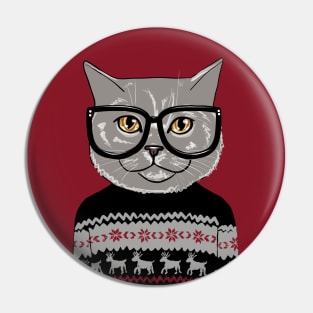 Grey Kitty Ugly Christmas Sweater Pin